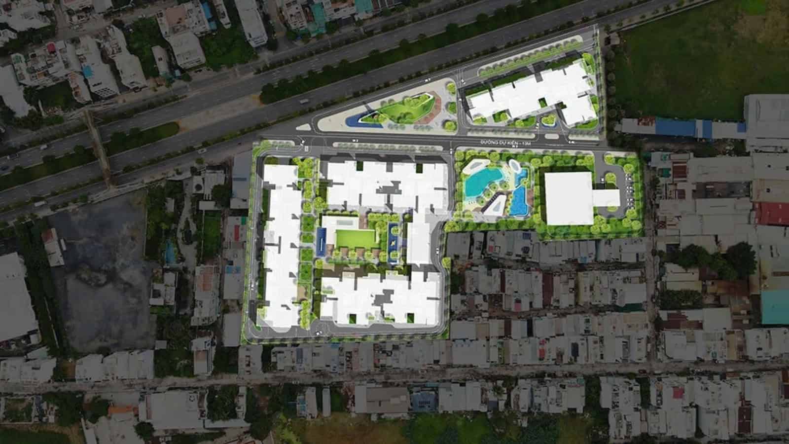 Mặt bằng tổng thể dự án căn hộ Ansana by KITA với quy hoạch mảng xanh và hồ bơi trung tâm.